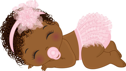 Vector Cute African American Baby Girl in Pink Ruffle Diaper