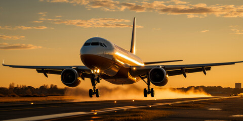 Commercial airplane taking off from the runway at sunset - air transport concept - obrazy, fototapety, plakaty