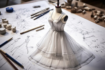 Generative AI image of fashion designer haute couture table with set of pencils and various sketches on paper with white dress on miniature mannequin