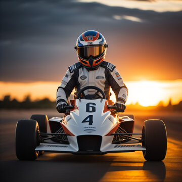 Generative AI image of anonymous racer in protective uniform and helmet riding go kart on asphalt road during sunset against cloudy sky