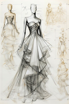 Generative AI image of fashion designer haute couture place with set of pencil sketches of lady in strapless dresses with refined art on chart middle