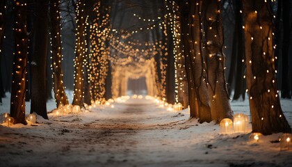 Pine trees wrapped in golden fairy lights. Snowy path filled with golden fairy lights. Snowy forest. Pine trees. Golden fairy lights. Winter landscape. Winter - Powered by Adobe