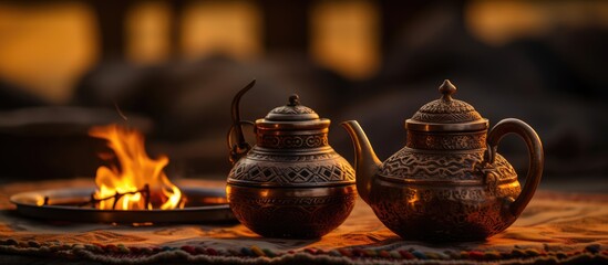 Arabian coffee and tea pots by the desert fireplace in Riyadh Saudi Arabia