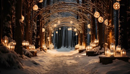 Pine trees wrapped in golden fairy lights. Snowy path filled with golden fairy lights. Snowy forest. Pine trees. Golden fairy lights. Winter landscape. Winter