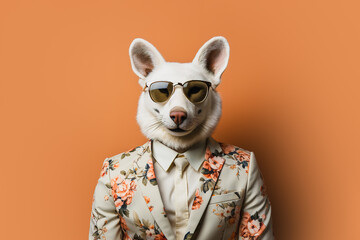Generative AI illustration of stylish mouse in trendy sunglasses and floral suit against orange background