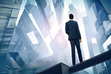 Businessman CEO Executive in professional work attire Overlooking Abstract City Skyline Business Theme Background 3D Render Style