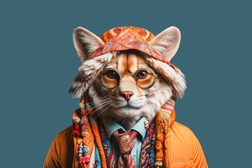 Generative AI illustration of stylish tiger in trendy sunglasses and orange jacket against blue background