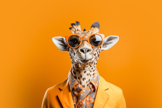 Generative AI illustration of stylish giraffe in trendy sunglasses and yellow jacket against yellow background