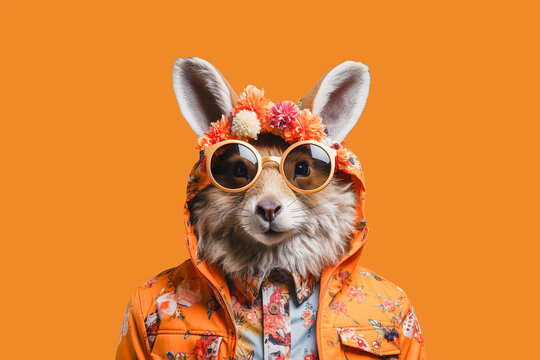 Generative AI illustration of stylish rabbit in trendy sunglasses and jacket with hood against orange background