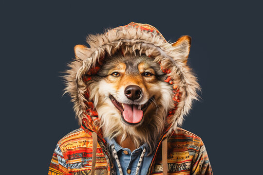 Generative AI illustration of stylish wolf in trendy and colorful jacket looking at camera against grey background