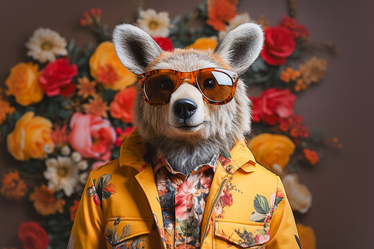 Generative AI illustration of stylish bear in trendy sunglasses and yellow jacket against colorful background