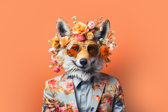 Generative AI illustration of stylish fox in trendy sunglasses and flower jacket against orange background