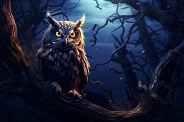 Owl sitting on the branch in spooky forest at the night