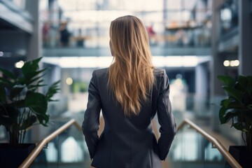 business woman in elegant suit in office back view