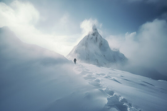 Generative AI illustration of view anonymous alpinist tourist walking in the middle of a snowstorm in the mountains