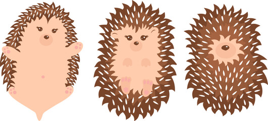 Set of cute little hedgehog vector icons. Adorable hedgehog cartoon character, autumn leaves, mushrooms, berries. Vector illustration, EPS 10.