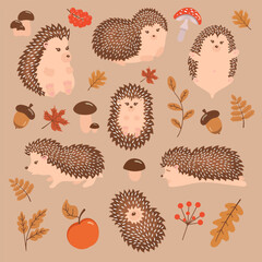 Set of cute little hedgehog vector icons. Adorable hedgehog cartoon character, autumn leaves, mushrooms, berries. Vector illustration, EPS 10.