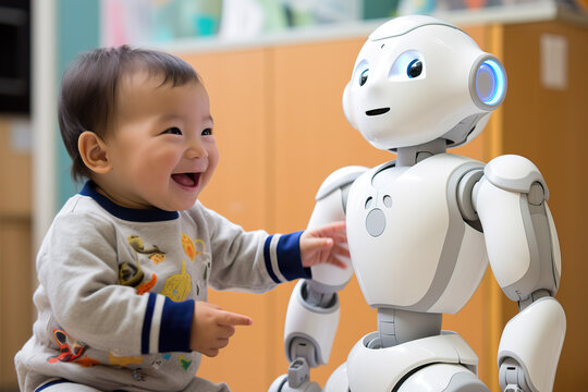Generative AI illustration of Asian little happy baby sitting on floor with robot looking away in room setting with blurred background