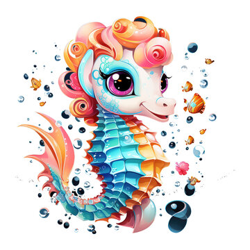 cute seahorse full body illustration isolated on transparent background . Generative AI