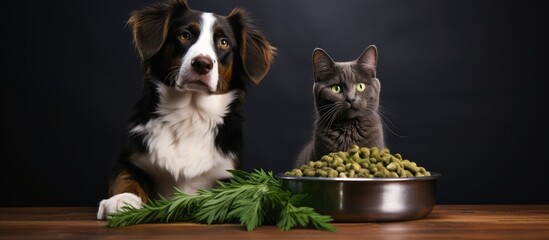 CBD and medical marijuana used as food delicacy for dogs and cats in dishes with hemp leaves close up