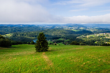 Fototapeta na wymiar Góry, Beskid Śląski w Polsce widok z Ochodzitej w Koniakowie. Panorama latem w pochmurny dzień.