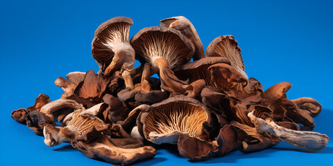 Close-up dried apple slices dispersed randomly from paper bag on blue background, Chanterelle mushroom. Fresh raw chanterelles on blue background top view copy space, generative AI - obrazy, fototapety, plakaty