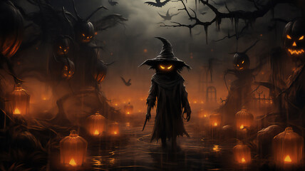 Fototapeta premium Halloween jack-o-lantern illuminated pumpkins in a spooky ghostly horror scene on October 31st in the autumn fall, computer Generative AI stock illustration image