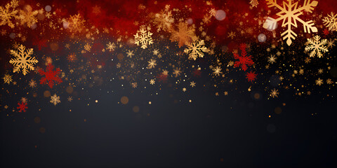 Fototapeta na wymiar Christmas background with various complex big and small snowflakes red on black, big complex translucent christmas snowflakes in red colors located below on background, generative AI