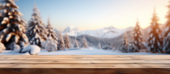 Blurred winter holiday background with empty wooden table