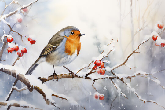 Watercolour of a robin redbreast (Erithacus rubecula) bird in the winter snow, a British European garden songbird often found on Christmas greeting cards, computer Generative AI stock illustration