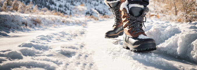 Photo of winter boots standing on a snowy road