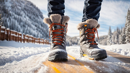 Photo of winter boots standing on a snowy road - obrazy, fototapety, plakaty