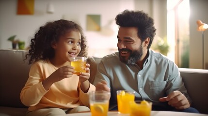 Beautiful black family father and daughter having snack at home, eating healthy fresh sanwiches and drinking orange juice, having pleasure conversation, sitting on couch in living room - obrazy, fototapety, plakaty