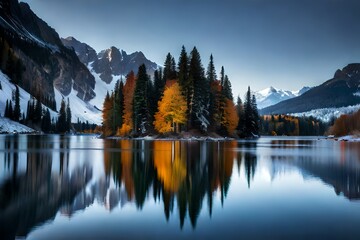 Fototapeta na wymiar lake reflection of Trees in the mountains