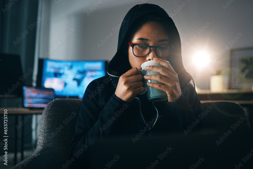 Poster Hacker woman, coffee and night for coding, thinking and ideas for cybersecurity, data phishing and ransomware. Programmer, dark room and sofa to drink matcha for it scam, software or research on web