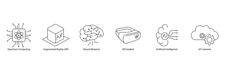 Cutting-Edge Tech Vector Icon: Quantum Computing, Augmented Reality, Neural Network, VR Headset, Artificial Intelligence, and IoT - Pioneering the Future in Scalable Format