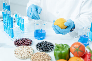 Scientist check chemical food residues in laboratory. Control experts inspect the concentration of chemical residues. hazards, ROHs standard, find prohibited substances, contaminate, Microbiologist