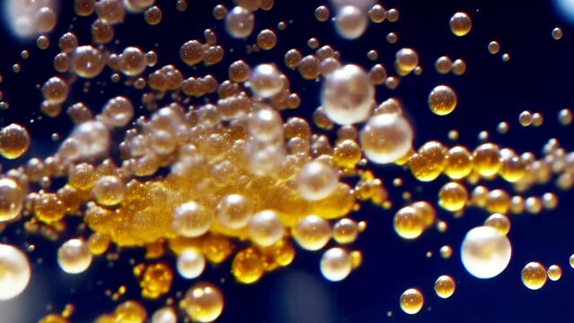Gold abstract bubbles floating down on a dark blue background.