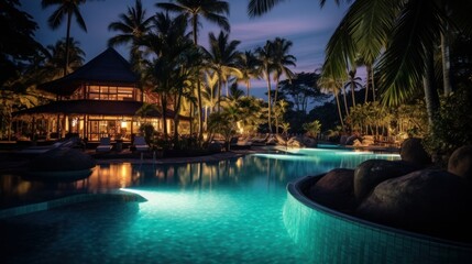 Fototapeta na wymiar Night view of beautiful swimming pool in tropical resor