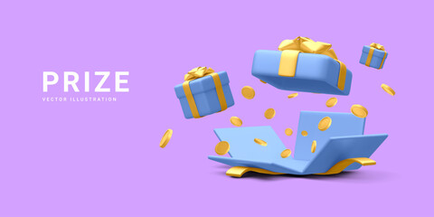 3d realistic open gift box and falling gold coins.  Concept for cryptocurrency bonus. You win prize. Vector illustration