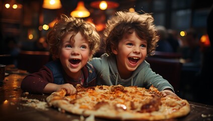 Fototapeta na wymiar Kids eating pizza, generative AI