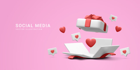 3d realistic open gift box with hearts and likes. Vector illustration