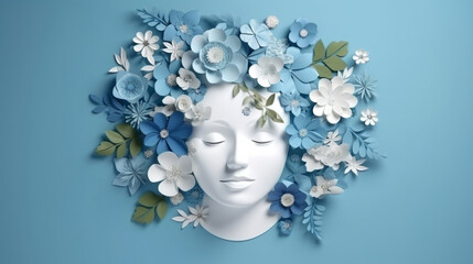 World mental health awareness day. Paper cutout woman head and flowers blue background - obrazy, fototapety, plakaty
