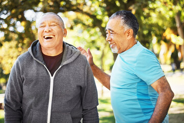 Fitness, laughing and senior men in park for wellness, healthy body and wellbeing in retirement,...