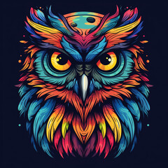 Vector illustration of an owl head with colorful ornament on dark background.