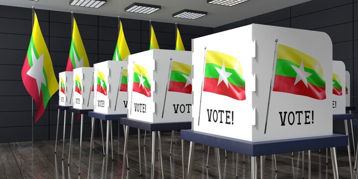 Myanmar - polling station with many voting booths - election concept - 3D illustration