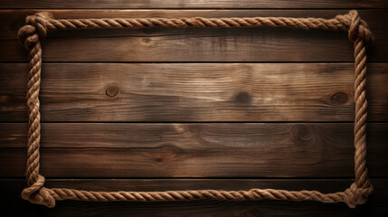 Nautical background with the rope shaped as a frame on wood background - obrazy, fototapety, plakaty