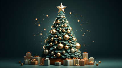 Christmas Background with Christmas Tree decorated with balls, banner format, copy space.