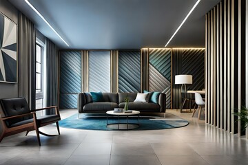 3D abstract back wall with matching dark sofas interior