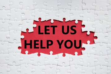 Let us help you symbol. White puzzle with words Let us help you. Beautiful red background. Business and Let us help you concept. Copy space.